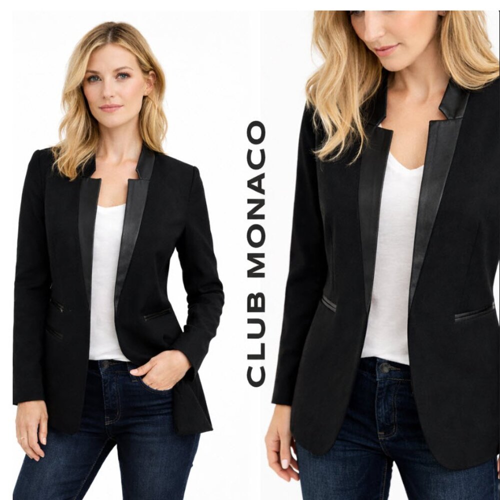 Club Monaco Black Wool Blazer Lamb Leather Trim Open Front size 2